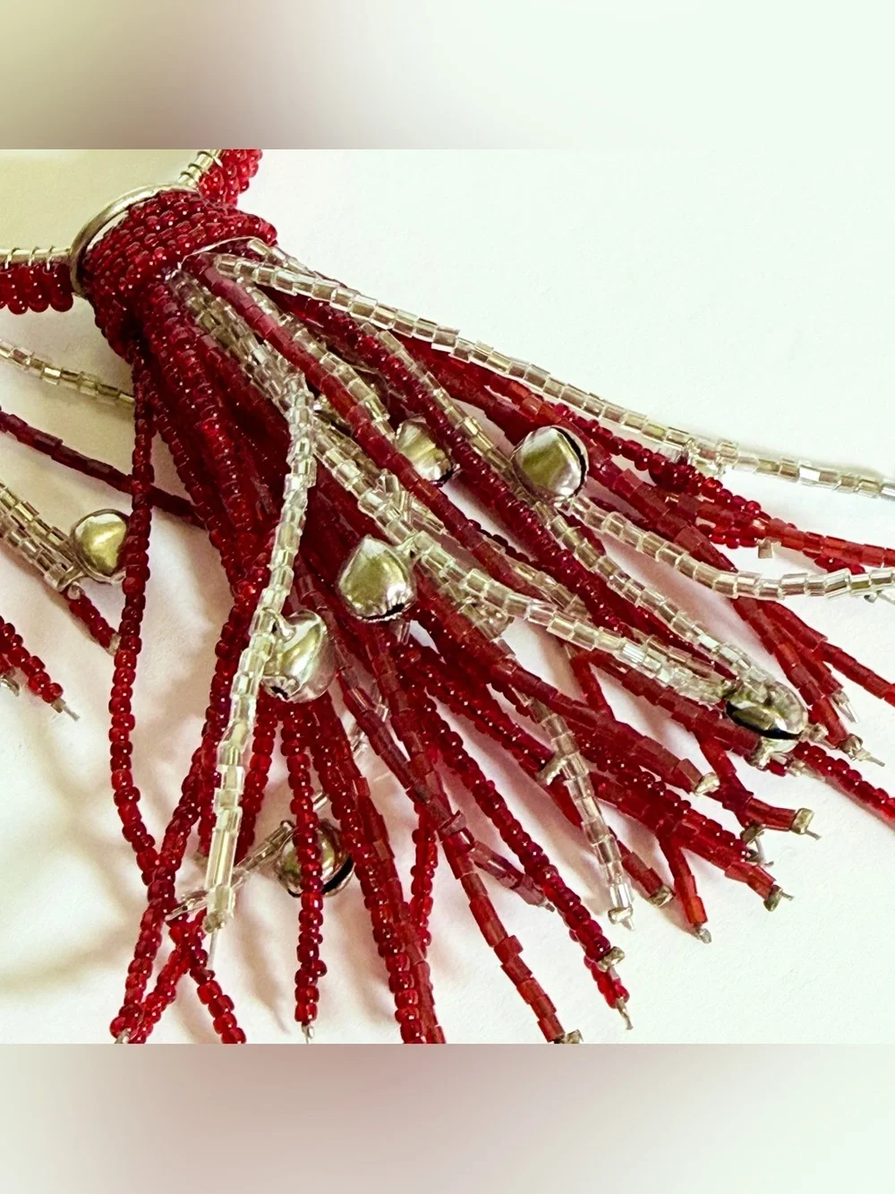 NWT Pottery Barn Red & Silver Beaded Jingle Bell Tassel Napkin Rings Set of 4